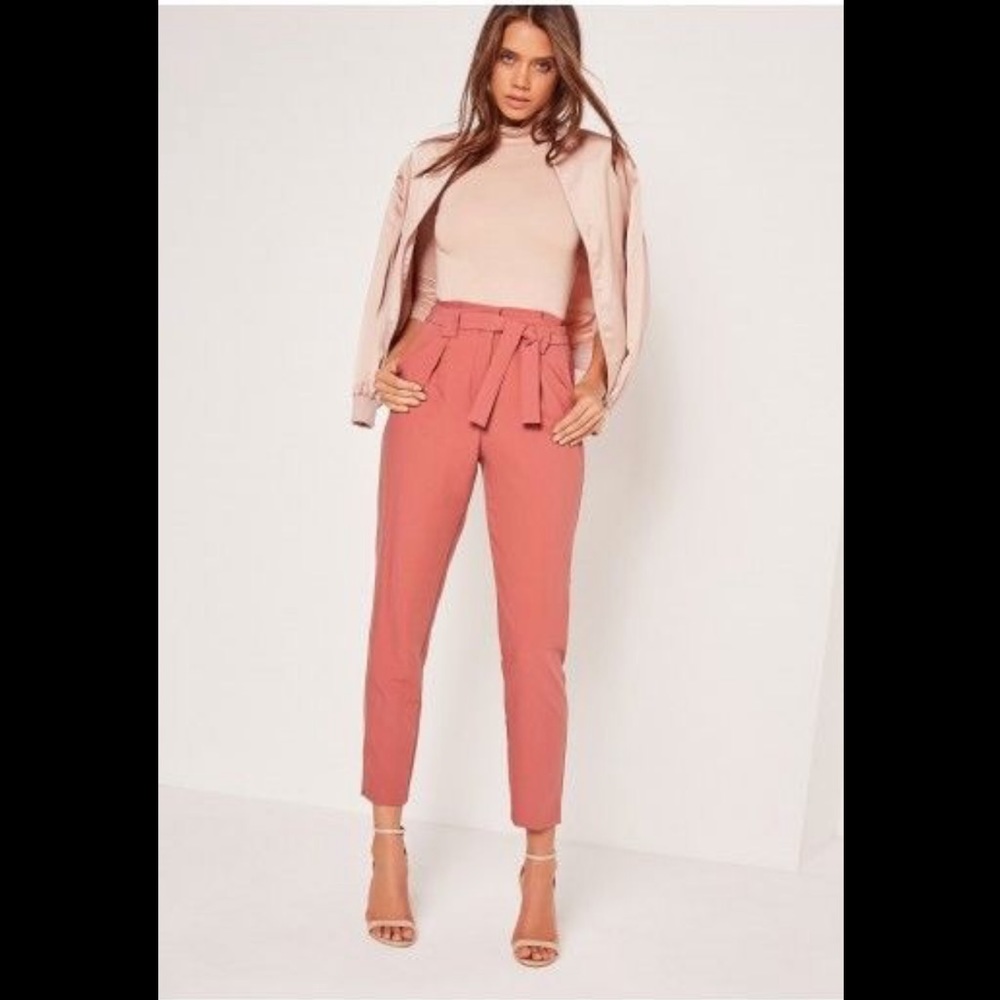 Pleated waist tie belt cigarette trousers pink
